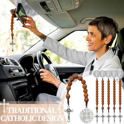 Kigeli 6 Pcs Saint Benedict Medal Prayer Pocket Rosary Catholic Gift for Men Women Bead Wood with Crucifix Christian Religious Gift Solid Wooden Prayer Chaplet with Cross Silver Jesus4