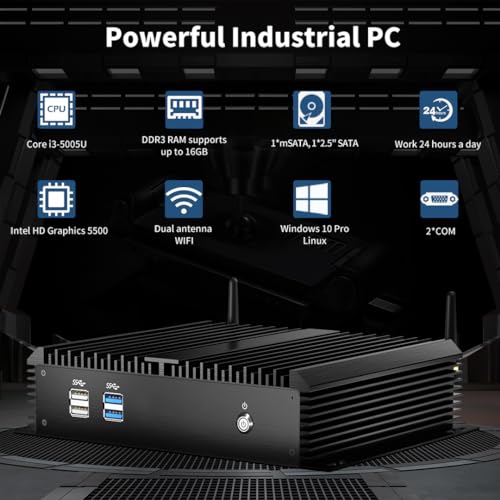 Image of Thdeukoty Fanless Industrial Mini PC, Desktop Computer Core i3-5005U Windows 10 Pro, 8GB RAM 128GB SSD, 2xNICs, 2*COM RS232, 4xUSB3.0, Dula-Band WiFi, HDMI /VGA Ports, Gigabit LAN, Auto Power On