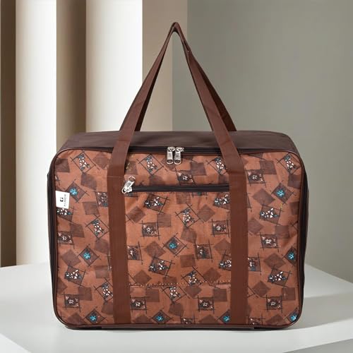 Image of Kuber Industries Storage Bag | Clothes Storage Attachi Bag | Underbed Storage Bag | Zipper Storage Bag | Wardrobe Organizer with Handle | Travel Attachi Bag | Flower Check | Large | Brown