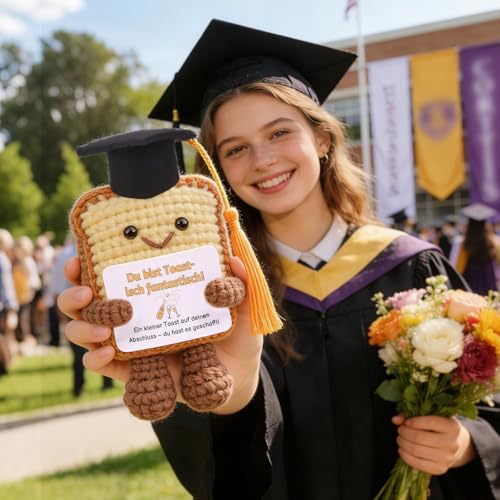 Mwmoeen Lustige Toast Abschluss Geschenk für Freund, Gestrickte Toast mit Graduierung Hut, Glücksbringer Prüfung, Pocket Hug Positive Geschenke, Prüfung Bestanden