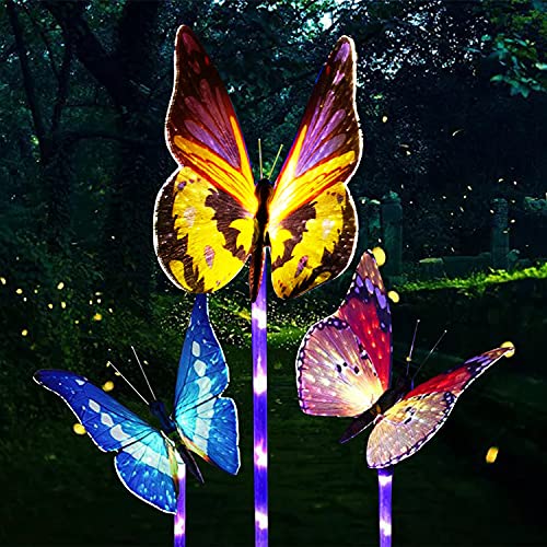 Solar Garden Lights Outdoor Decor, 3 Pack Solar Butterfly Stake Lights Multi-Color Changing LED, Waterproof Fiber Optic Butterfly Decorative Lights, for Yard Patio Garden Lawn Decor