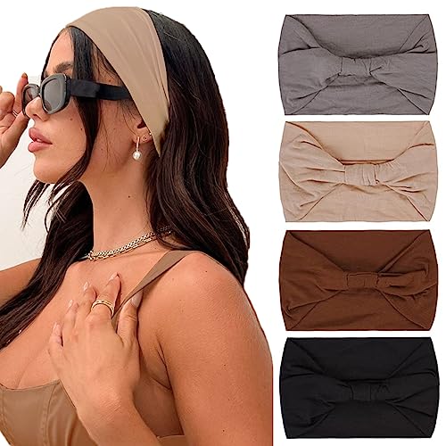 Image of Kahanaa 4 Pcs Wide Headbands for Women Soft Stretchy Turban Headband Hair bands Head Bands Hair Wraps With Twisted Knots for Yoga Workout