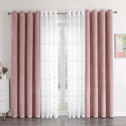 Juego de 4 cortinas para oscurecer la habitación, con estampado geométrico marroquí, color plateado, color blanco, traslúcido y rosa, 52 x 95 pulgadas, con ojales, para dormitorio de niñas, sala de