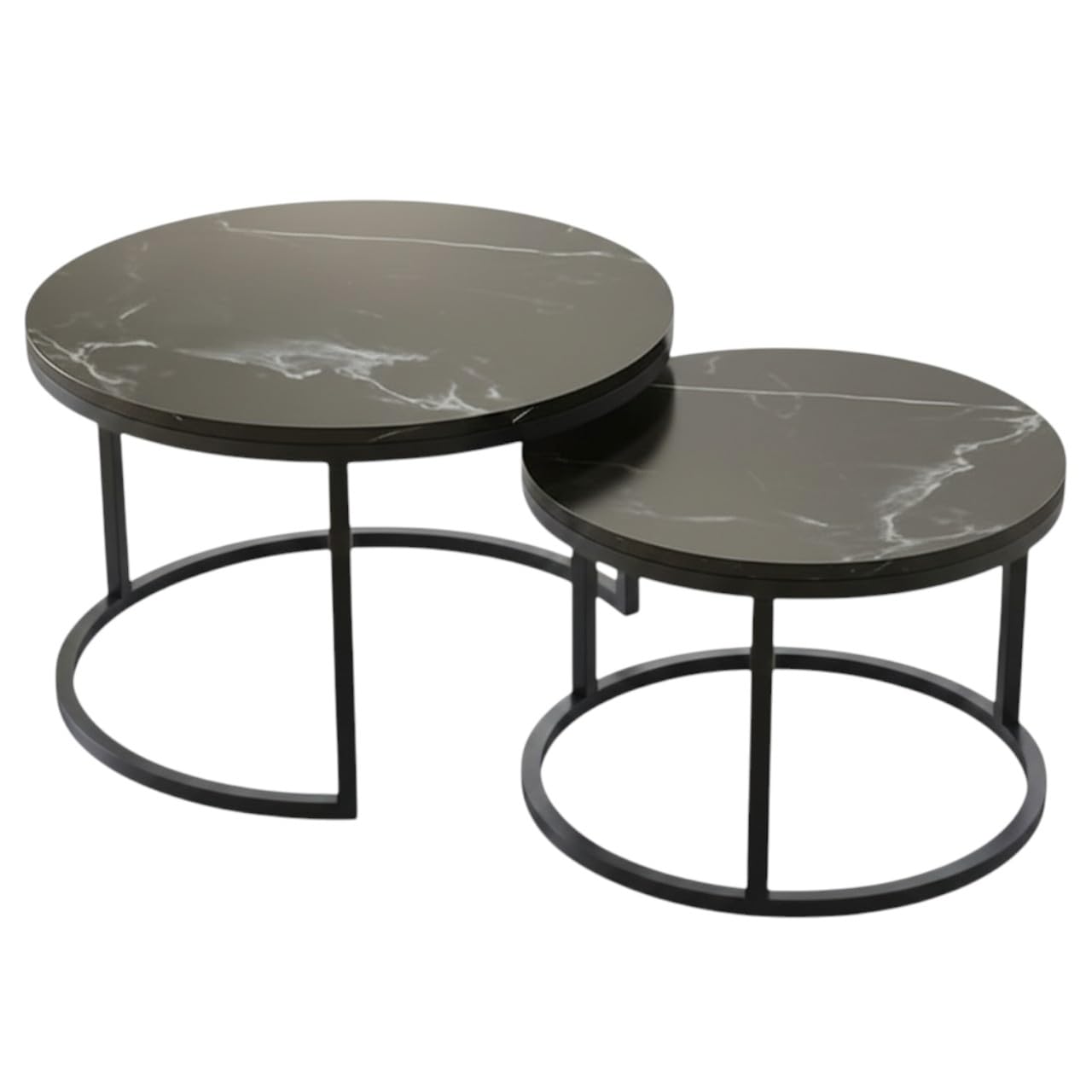 Madan Handicraft Modern Round Nesting Coffee Table Set of 2 | Faux Marble Top Center Tables with Metal Frame for Living Room (Black)