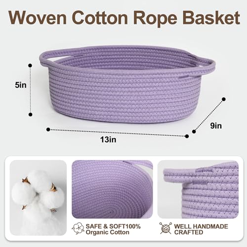 Image of Small Baskets for Gifts Empty, 13 inchx 9 inchx 5 inch Woven Gift Basket with Bag and Ribbon, Cotton Rope Kids Dog Cat Toy Bin Box, Cute Baby Nursery Organizer, Decorative Storage with Handles,Purple