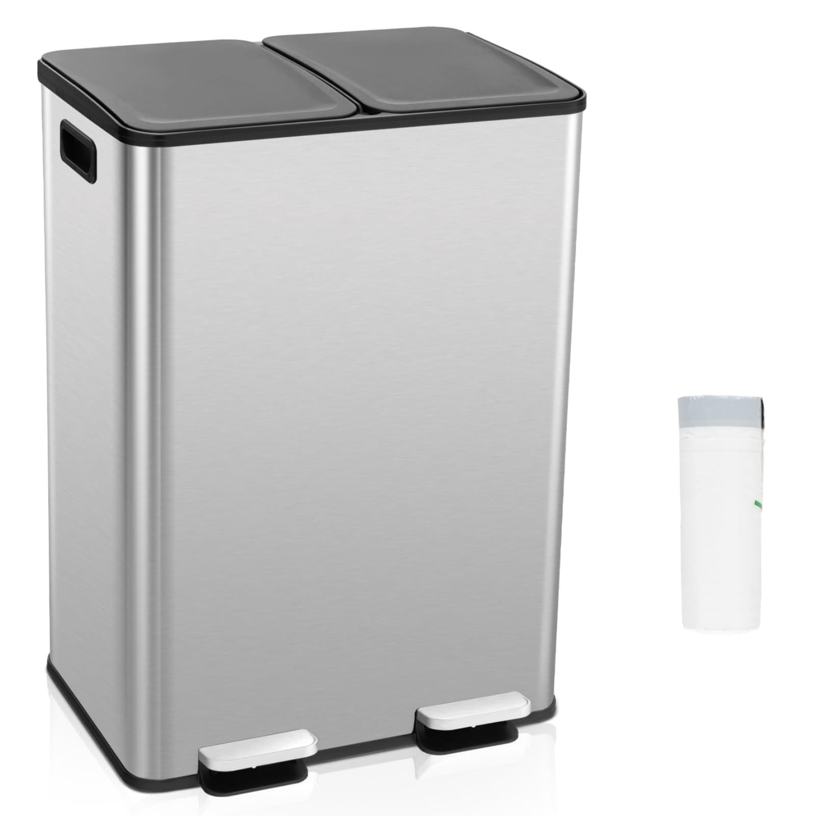 COSTWAY 60L Double Rubbish Bin, 2x30L Stainless Steel Recycle Pedal Kitchen Bin with Removable Buckets, Deodorizer Box, Soft Close Lid & Handles, Airtight Dustbin Trash Can (Silver with 15 Trash Bags)