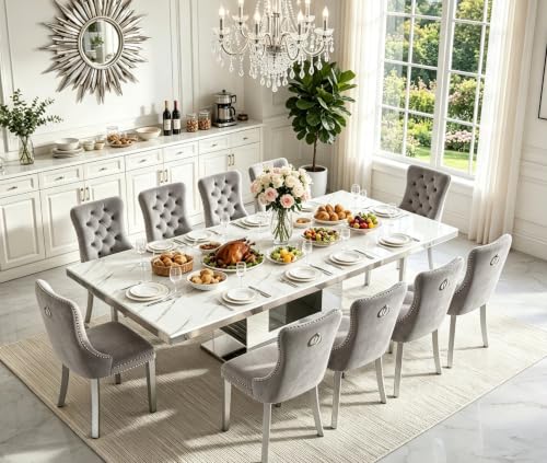 Image of 11-Piece Faux Marble Dining Table Set for 10, 63-94.5 inch Extendable Kitchen Table Set with 10 Blue Tufted Chairs Large Expandable Dining Room Table for 6 8 10 with Mirrored U-Shape Base