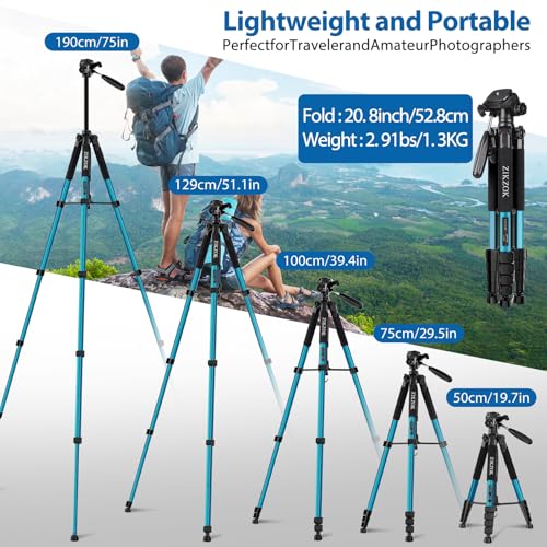 75" Heavy Duty Camera Tripod Stand with Bluetooth Remote - Max Load 15LB, Aluminum Travel Tripod for DSLR/Phone/Tablet/Projector, 3-Way Pan Head & Quick Release Plate, Compact Foldable Design (Blue)