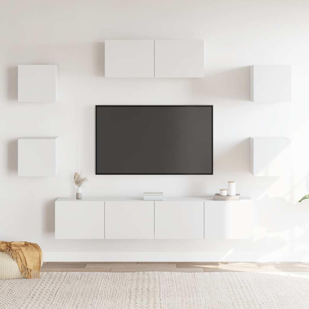 7-TLG. TV-Schrank-Set Weiß, Holzwerkstoff, Wandmontage, Modernes Media-Center für Wohnzimmer und Schlafzimmer, Viel Stauraum