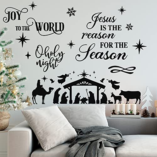 3 Pcs Nativity Scene Wall Decor Stickers Christmas Bible Quotes Christian Vinyl Wall Decal Set Jesus Is The Reason For The Season Bible Verse Wall Decals Joy To The World Wall Stickers For Home #TOP6