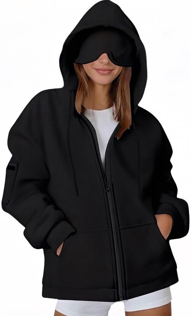 Hoodie with Eye Mask Unisex Zip Up Oversized Hoodie Pouch Airplane Mode Travel Hoodies Black