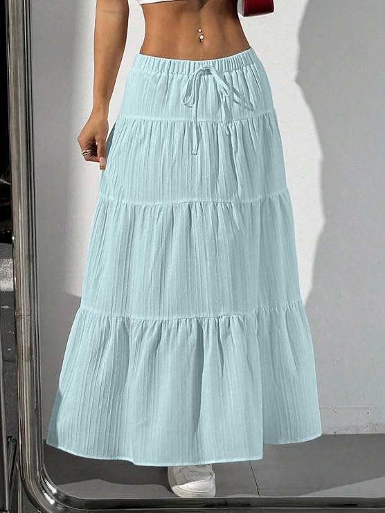 Image of Jawdrobe Women's Georgette Ruffle Hem Long Flared Skirt Lightweight Soft Fabric| High-Waisted Ruffled Maxi Plain and Pleated Skirt