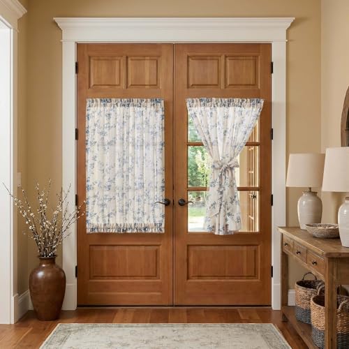Image of jinchan Floral French Door Curtain Panel Farmhouse Decor Light Filtering Linen with Tie Up Bow for Glass Door or Patio 40 Inch Length Rod Pocket 1 Panel Blue on Linen