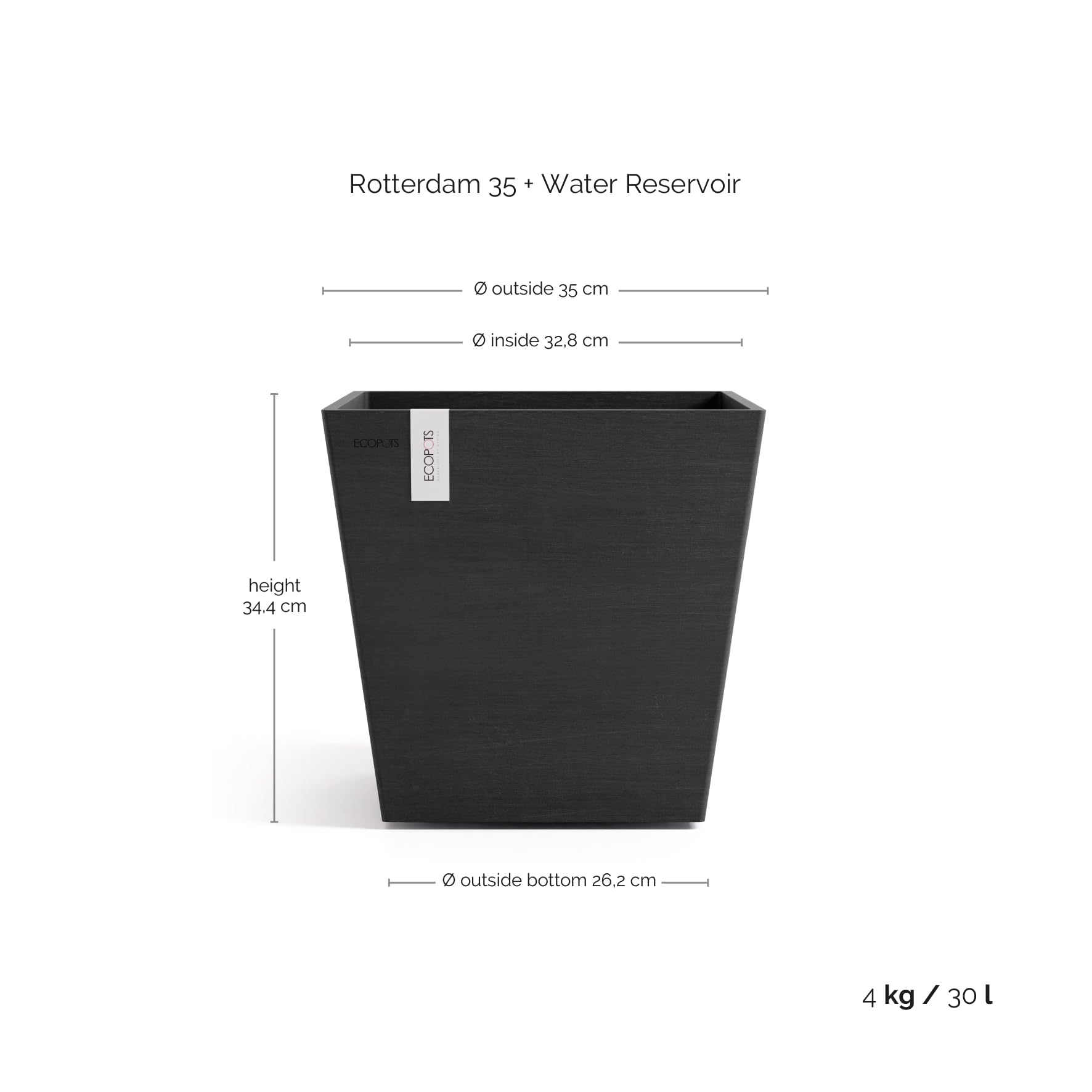 Ecopots Rotterdam Pflanzgefäß Dunkelgrau 35cm quadratisch – Handgefertigt UV-beständig – Recyceltes Material mit Wassertank