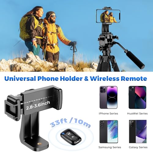 Image of Camera Tripod, 75 inch Heavy Duty Tripod for Camera with Phone Holder and Travel Bag, Compatible with Video Camera, DSLR, Spotting Scopes, Camcorder, GoPro, Cell Phone, Max Load 16LB (Black)