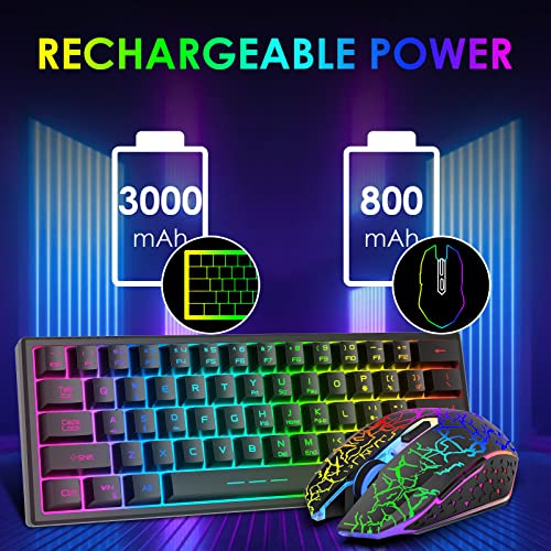Image of 60% Wireless Gaming Keyboard and Mouse Combo Set 2.4GHz Rechargeable 3800mAh Quiet 61 Keys Compact Gaming Keyboard with Rainbow LED Backlit + 2400DPI 6 Buttons Rainbow LED Silent Mouse (Black)