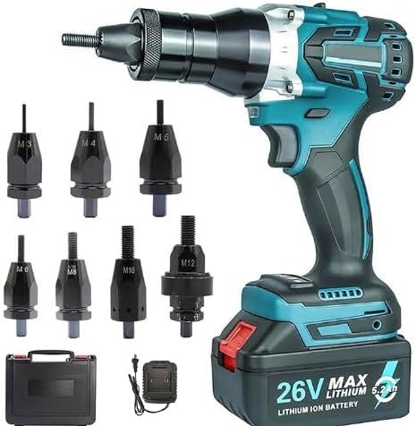 Cordless Rivet Nut Tool Set - Automatic Electric Rivet Gun with 26V Battery, Charger, and Carrying Case - Suitable for M3-M12 Rivets