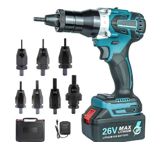 Juego de herramientas inalámbricas de tuerca de remache – Pistola remachadora automática con batería de 26 V, cargador y funda de transporte, herramienta eléctrica para remaches M3 a M12