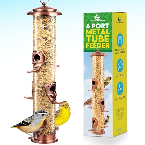 Bird Feeder for Outdoors (Brushed Metal Copper) Hanging Bird Feeders with Locking Lid & Adjustable Hanger, Chew-Proof, Weather Resistant (15 Inches, 6 Port)