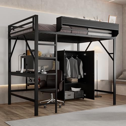 Idemon Cama de hierro, cama alta de dos pisos, espacio de almacenamiento debajo del escritorio, cama superior con espacio de almacenamiento, con armario, hierro + MDF, negro, 140 x 200 cm