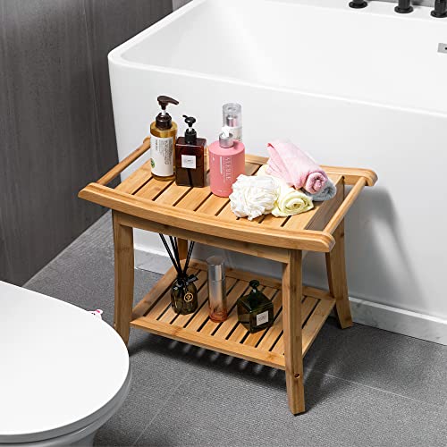 Forevich-Bamboo-Shower-Bench-Stool-with-Storage-Shelf-Waterproof-Shower-Chair-Spa-Bath-Seat-Excellent-for-Indoor-Use-Natural