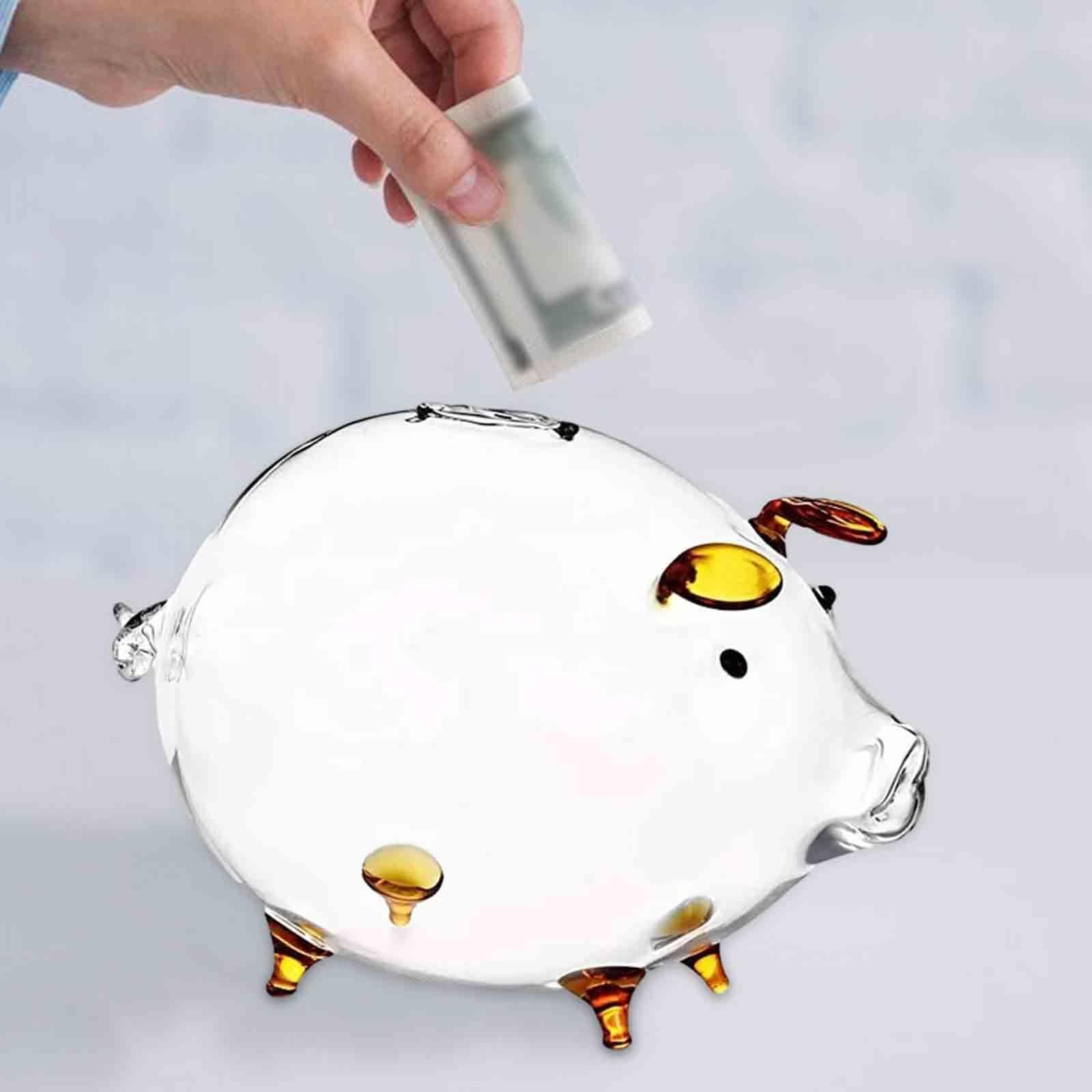 Piggy Bank Clear Glass Pig Bank 7x4.7inch Valentine's Day Ornament Cute Money Saving Jar for Children Birthday Gift Stylish, Amber