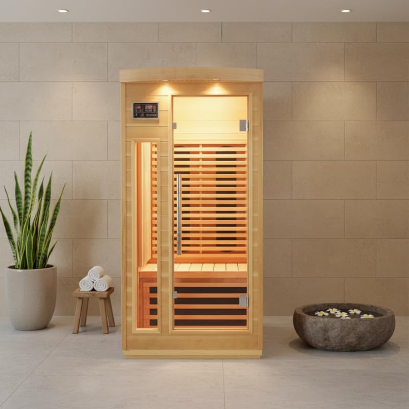 SNÖ Sauna Infrarouge Extérieur 1 Place 1500W Cabine Hemlock Bois Massif Chromothérapie LED Panneaux Carbone Porte Verre Sécurisé Ionisateur Bluetooth