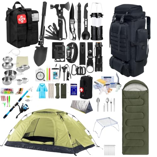 Fluchtrucksack Survivalkit Notfall-Überlebensausrüstung Set mit Taktischem Rucksack, Zelt, Schlafsack, Erste-Hilfe-Kit, Camping-Kochgeschirr, Multifunktionswerkzeuge, Outdoorausrüstung