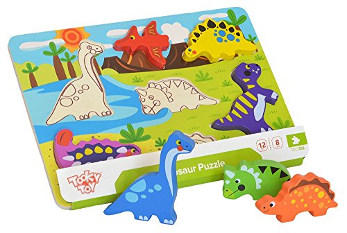 Tooky Toy - Puzzle de dinosaurios con figuras encajables de madera