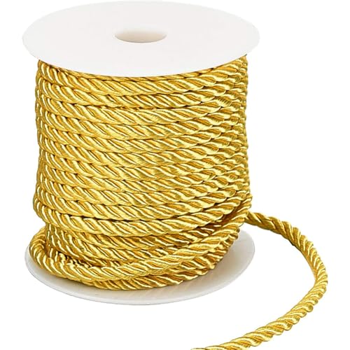 PH PandaHall 5mm Gold Twisted Cord 3-Ply Decorative Polyester Silk Cord Shiny Viscose Cording Thread Graduation Cords for Christmas Home Décor Embellish Halloween Costumes Bag Drawstrings 59 Feet