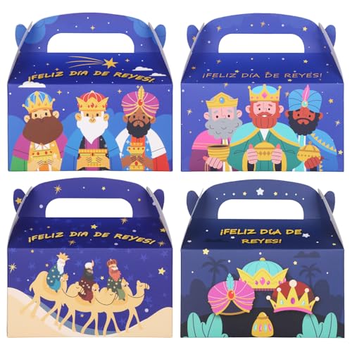 Simpeak 24 Piezas Cajas de Regalo para Día de Reyes, 16 x 9 x 9cm Kraft Cajitas Regalo con Asa, Caja Regalo Carton Navidad para la Fiesta del Día de los Reyes Magos para Chuches Dulces