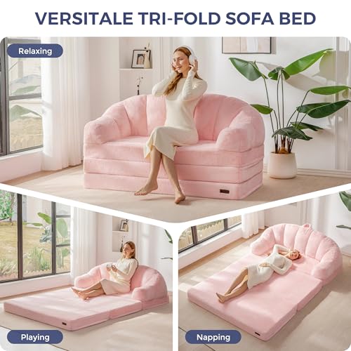 Image of MAXYOYO Folding Sofa Bed, 2 in 1 Convertible Sofa to Lounger Comfy Loveseat Bean Bag Chair for Adults, Floor Couch with Handle, Faux Fur Couch Bed for Living Room Bedroom, Pink, Loveseat