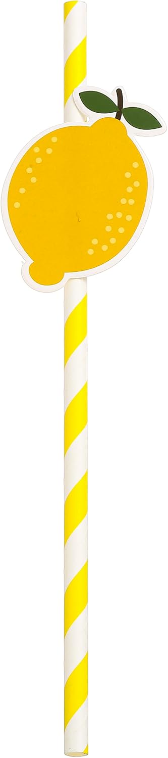 Lemon Biodegradable Paper Straws，Lemon Birthday Party Striped Decorative Straws - Set of 20.