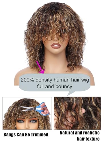 short water wave human hair wig with bangs 200% density highlight brown and blonde P4/27 wet and wavy wigs 100 percent human hair no lace wigs for women 12 inch - Image 3