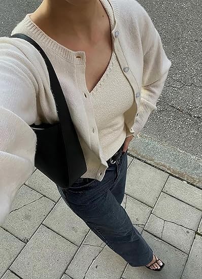 Image of Faretumiya Women Y2k Button Down Crop Sweater Cardigan Long Sleeve Open Front Crewneck Cardigan Cute Knit Pullover Tops