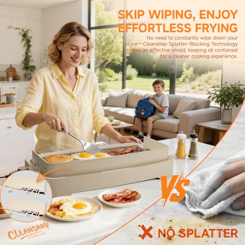 Image of Cleansnap Everyday Electric Griddle, Great Gift for Family Feasts - 20 inch Nonstick Grill with Foldable Anti-Mess Shield, Rapid 1700W Hea & PPG Ceramic Coating, Dishwasher Safe, Vanilla Cream