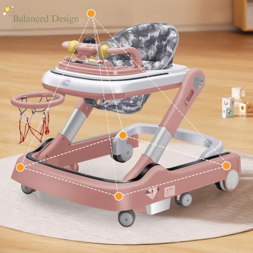 Image of Little Olive Baby Walker for Kids | Foldable & Adjustable Height Walker with Basketball Hoop, Interactive Activity Toy Bar, Comfortable Padded Seat & Smooth Wheels | Baby Walker for Boys & Girls (Pink)
