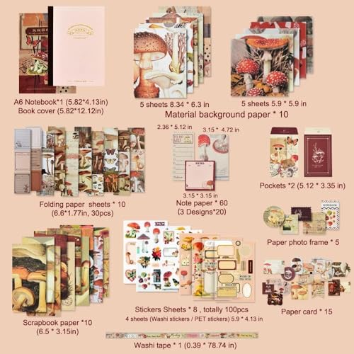 Image of GDNK 346pcs Vintage Journal Scrapbook Pack Kit for Art Journaling Bullet, Planners DIY Paper Stickers, Craft Kits Notebook, Collage Album Aesthetic Sticker (Moonlight) (Red Mushroom)