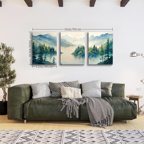 SERIMINO Nature Landscape Wall Art for Living Room, Green Forest Mountain Canvas Prints Paintings Room Decor, Lake Tree Cottagecore Modern Farmhouse Wall Decor Set of 3, 12"X16"