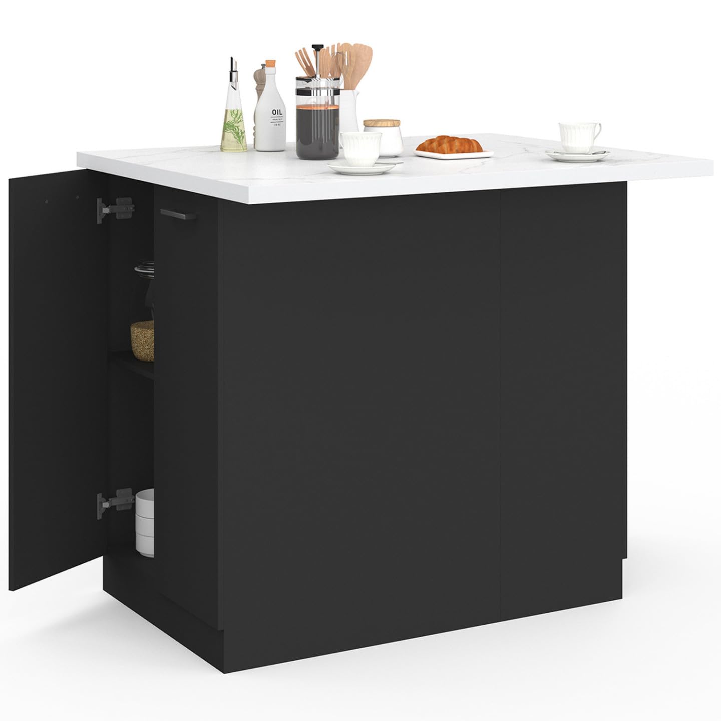 IDMarket - Ilot central IVO 120 cm madera negra con encimera efecto mármol ALASKA