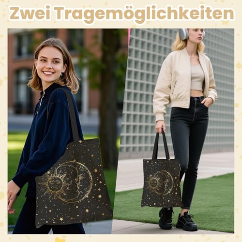 Yoljun Tote Bag Schwarz Stern Mond Motiv, Canvas Stofftasche Damen, Baumwolltasche Beutel, Geschenke Tasche Geschenk für Arbeit Reisen