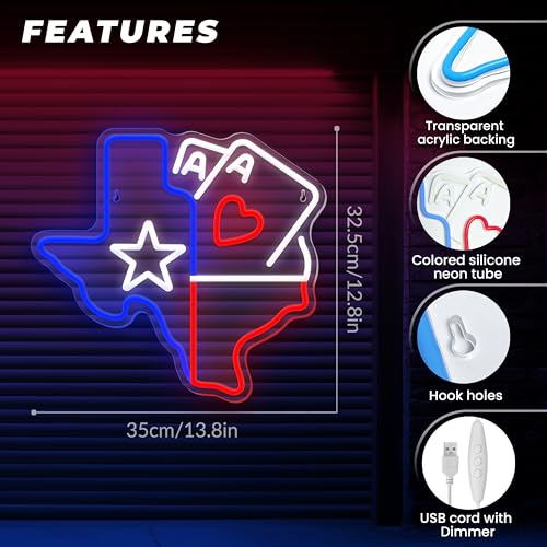 Image of Poker Neon Sign Dimmable Playing Cards Neon Signs Texas Map Shape Neon Light for Poker Room Man Cave Club Pub Bistro Pub Home Bar Party Bedroom Decor USB Powered