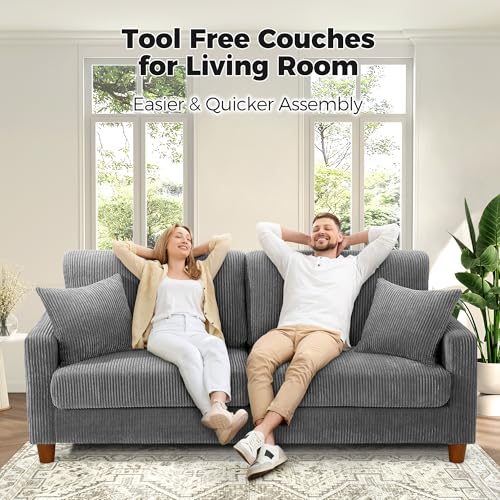 Image of Kidirect 70in L Shaped Couch, Modular Sofa No Tool Assembly, Comfy Sectional Couches for Living Room 21in Deeper Seats, Corduroy Sofas for Living Room with 2 Pillows, Loveseat Sofa Set, Grey Couch