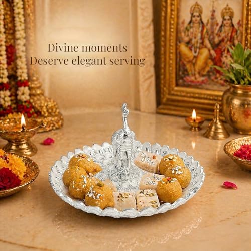 Image of Diviniti German Silver Peacock Decorative Tray for Home Decor | Luxury Dry Fruit & Sweet Serving Platter with Silver Feather Design | Premium Decorative Gift Hamper Plate with Elegant Gift Box