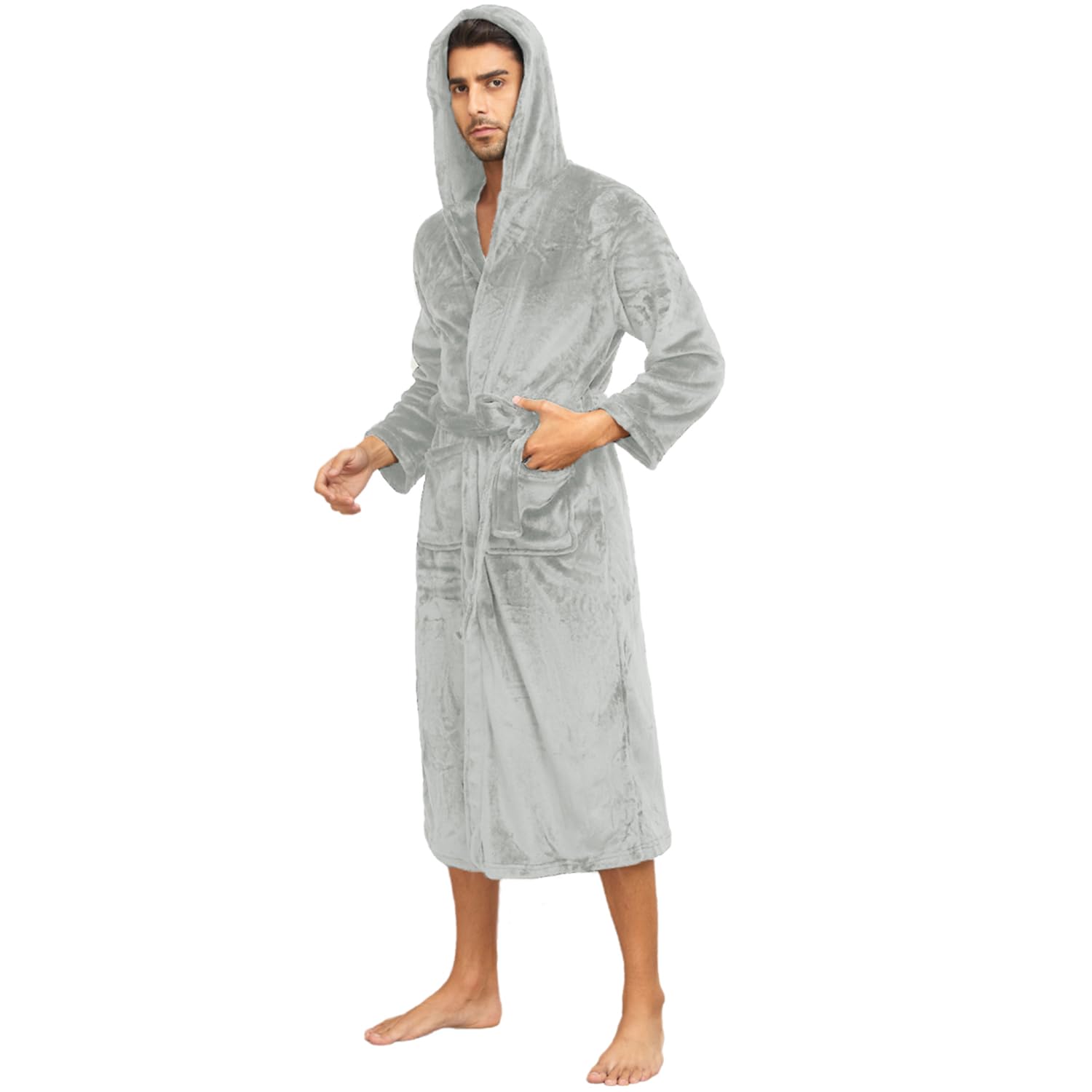 RONGTAI Accappatoio Uomo in Flanella con Cappuccio, Lungo con Cintura - Massimo Calore e Comfort, Ideale per Inverno, Casa, SPA e Regalo