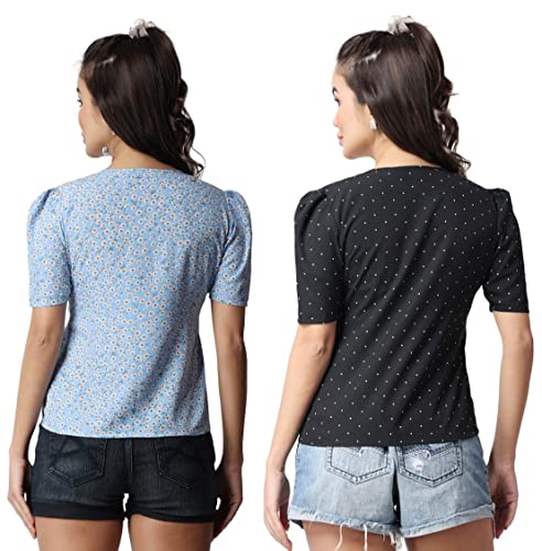 Image of POPWINGS Casual Floral Printed Round-Neck Puff-Sleeves Tops Combo for Women
