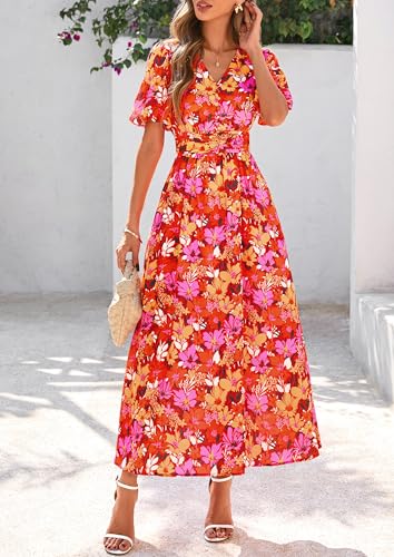 Image of PRETTYGARDEN Womes Boho Maxi Dresses 2026 Summer Spring V Neck Puff Sleeve Empire Waist A Line Flowy Long Beach Floral Dress