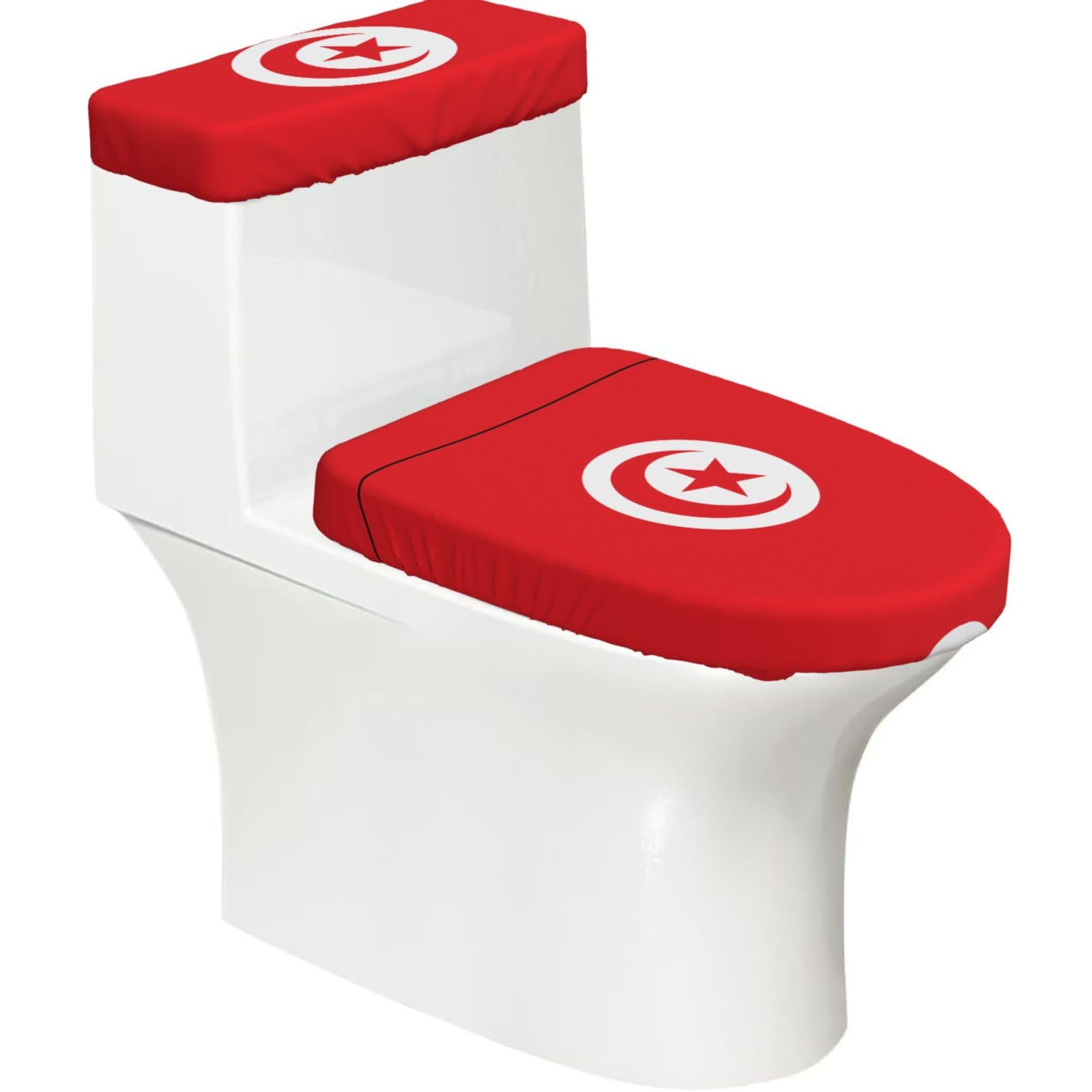 Tunisian Flag Elastic Toilet Cover Set of 2-Stretchy Lid and Tank Covers for Bathroom, Soft Washable U Shape Toilet Decor