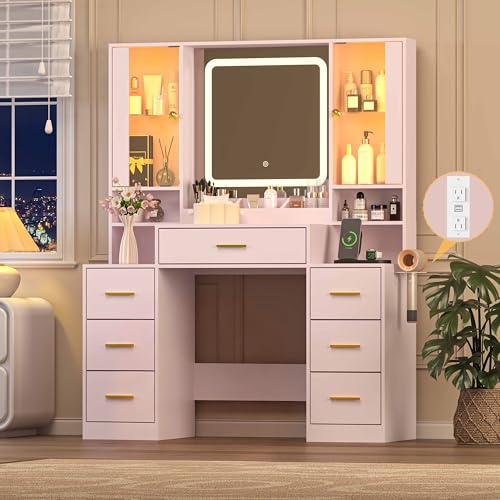 Image of Wodeer Pink Makeup Vanity Desk with Mirror & Lights, Modern Vanity Table with Charging Station, 7 Drawers, Glass Cabinet, Adjustable Shelves, Bedroom Dressing Table Set for Women & Girls