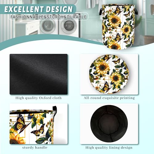 Image of Sunflower Butterfly Laundry Basket Oxford Cloth Hamper 18.9x16.5 Inch | Foldable With Handle Tote Bag Floral Laundry Hamper Clothes Storage Bucket Toy Organizer For Bathroom /Laundry /Bedroom